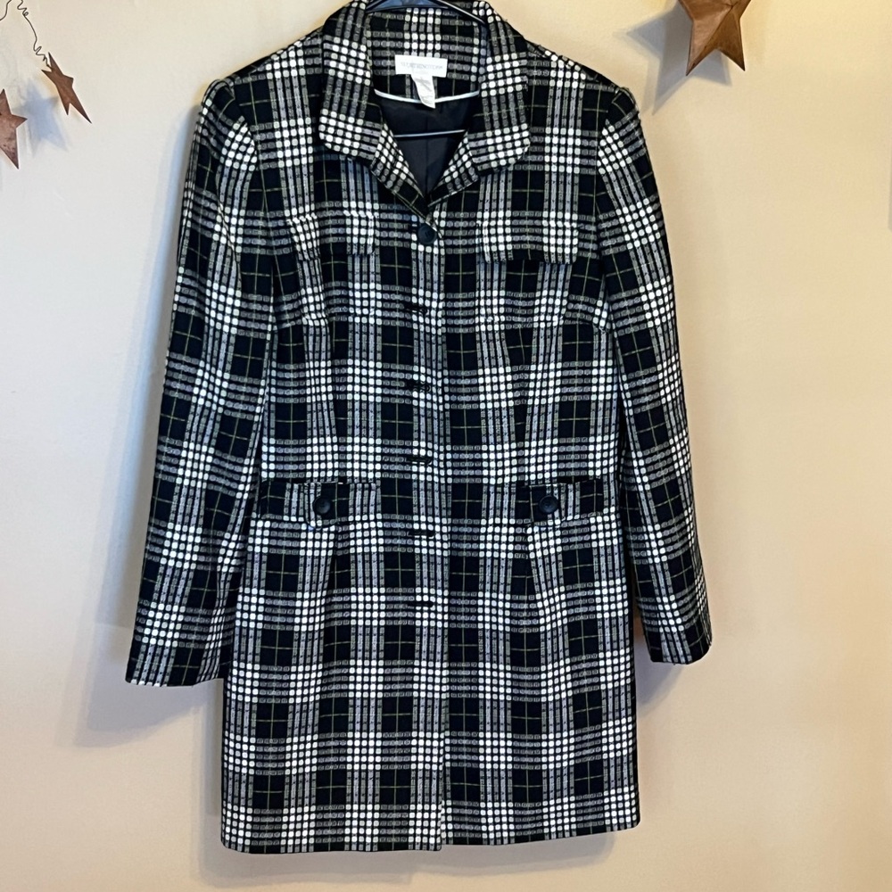 WORTHINGTON Womens Plaid Blazer Jacket Black Green White Button Front Size 10